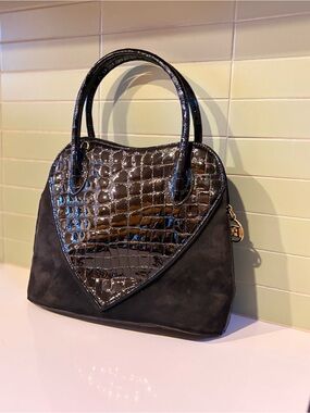 Escada Black Croc Heart Suede Satchel